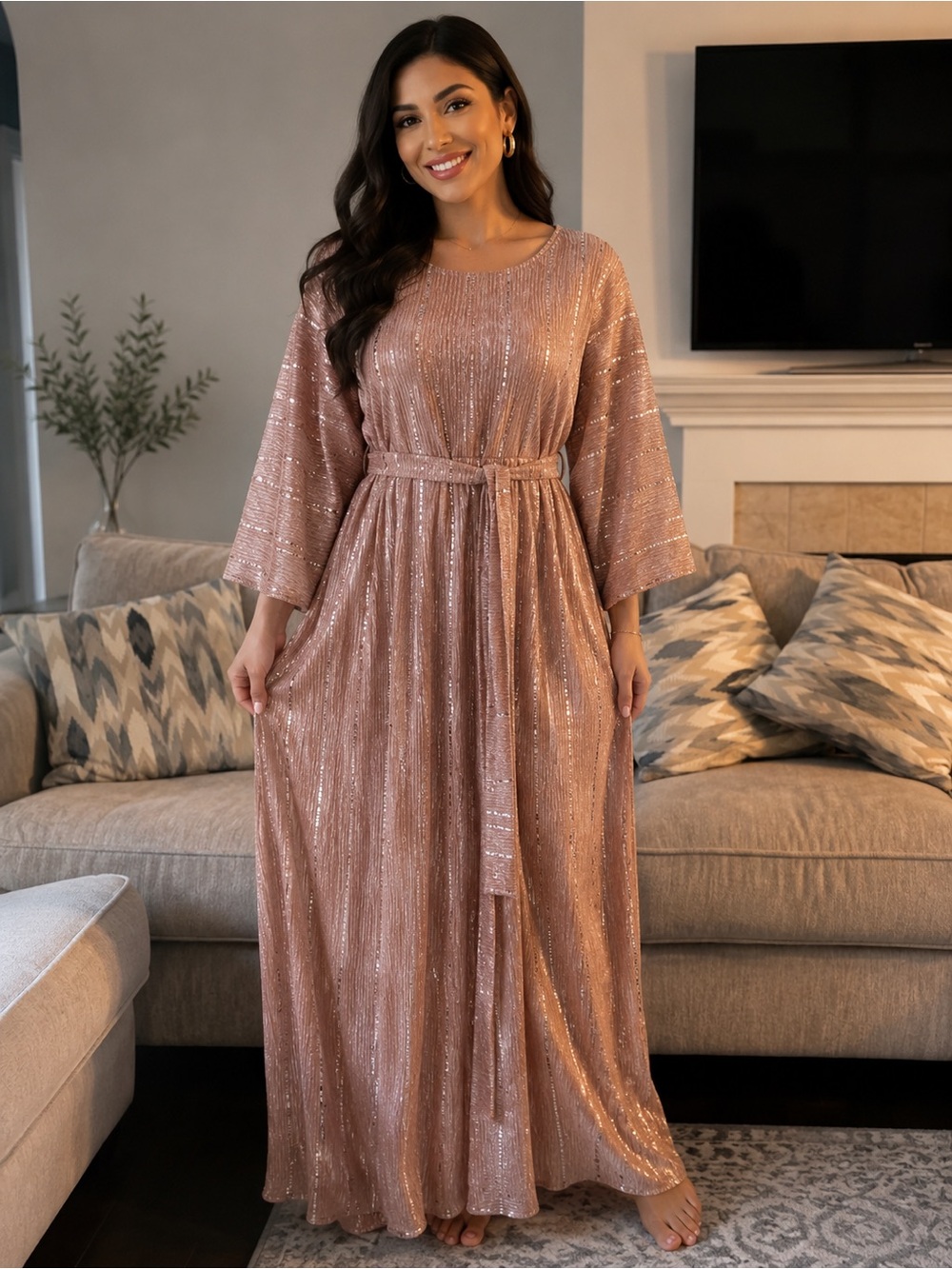 Elegant Rose Gold Metallic Maxi Dress with Belt